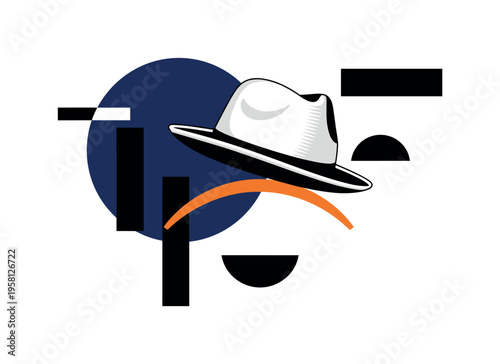 Black and white classic fedora hat floating centrally, oversized navy circle intersecting upper composition, thin orange arc echoing the brim curve, abstract