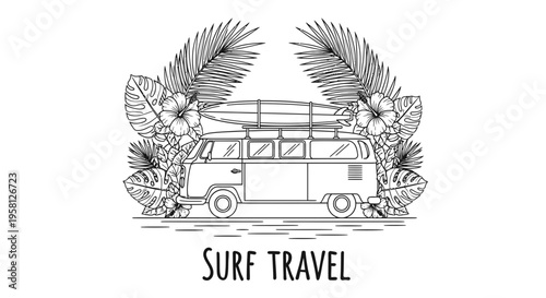 Vector illustration of surf travel van with palm trees