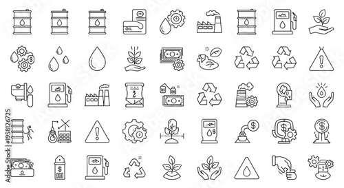 Collection of line icons representing oil industry ecology and sustainability