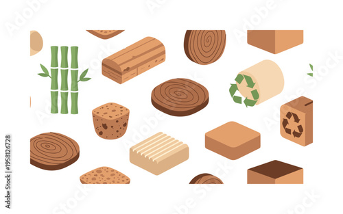 natural materials trend bamboo wood cork linen and recycled cardboard stylized as modern eco design icons, flat vector rounded shapes, rich modern palette with