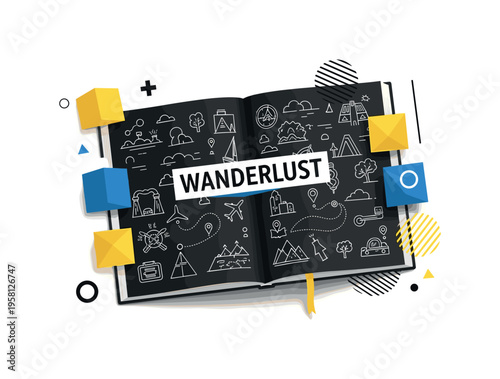 wanderlust travel journal with abstract geometric blocks circles and lines, black and white open notebook with travel sketches and routes with white outline