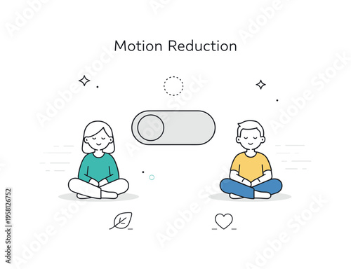 Motion reduction option. An animation toggle turned off with gentle motion lines fading away, showing reduced movement for comfort. Calm and reassuring visual