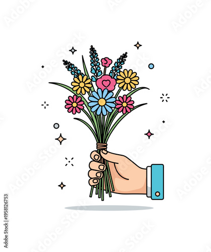 Wildflower bouquet gift illustrated by a hand holding a small tied bundle of meadow flowers, expressing tenderness and heartfelt simplicity. The compact layout