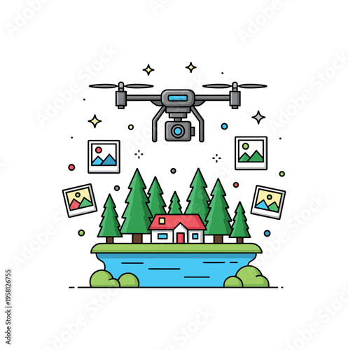Aerial drone photography drone hovering above a forest and lake scene while small photo frame icons appear nearby suggesting captured images. The composition
