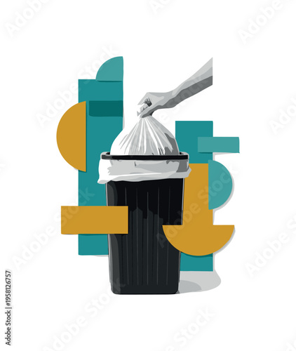 black-and-white trash bin with a hand inserting a fresh garbage bag liner, abstract semicircles and rectangles symbolizing renewal and cleanliness, teal and