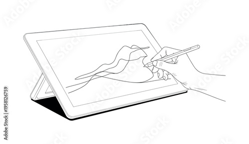 Digital Canvas Sketching. Minimalistic one-line drawing tablet displaying emerging digital artwork with artist interacting via stylus, continuous single black