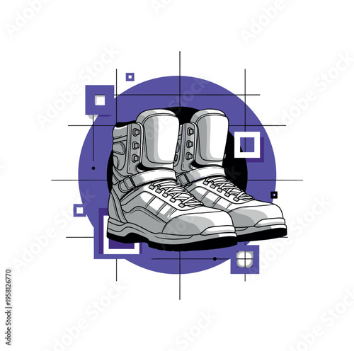 Oversized monochrome space boots placed side by side, cropped dramatically at the edges, framed by a bold purple circular shape and intersected by thin black