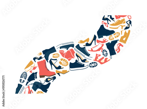 different footsteps same journey seamless pattern, shoe prints from boots sneakers heels and sandals following a single curved trail arranged in a repeating