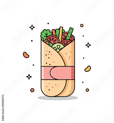 Vegetarian street food option featuring a stuffed wrap filled with colorful vegetables and subtle spice accents, expressing bold flavors without meat. The