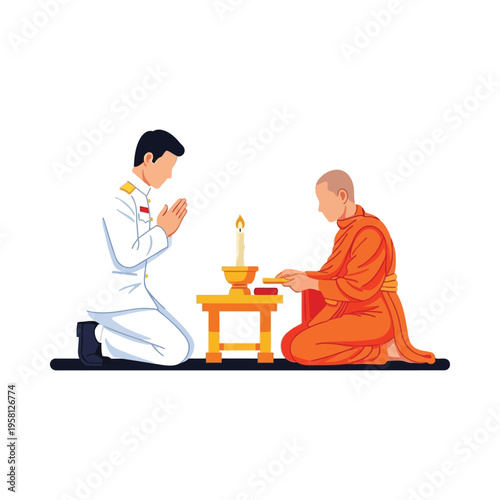 A moment of respect and devotion between a layperson and a monk during a ritual.