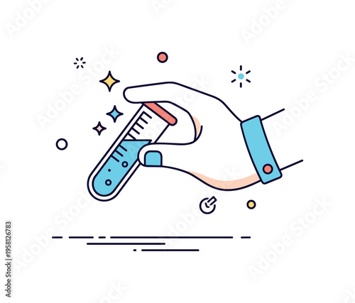 Laboratory testing process test tube held by a simplified gloved hand with small sparkle accents near the liquid surface, conveying precision and safety. A