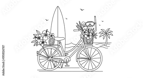 Vector illustration of bicycle with surfboard and flowers