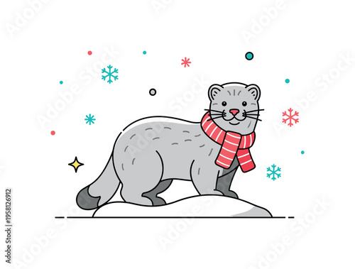 Mink winter coat fluffy animal standing on a small snowy patch while gentle snowflake icons fall around the scene. The illustration reflects seasonal change