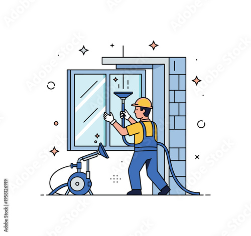 Glass installers fitting windows professional worker carefully placing a large window frame into a building opening while suction tools and small sparkle icons