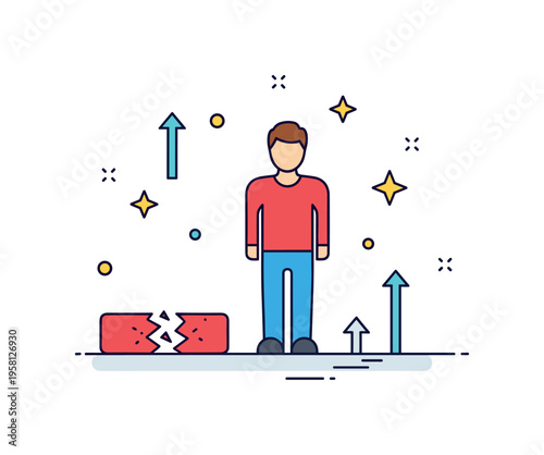 Resilience after challenge strong standing figure beside a small broken obstacle block suggesting perseverance and recovery. Decorative upward arrows and stars