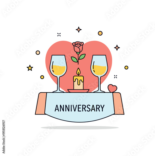 Anniversary dinner table illustrated with two glasses, a candle, and a rose placed at the center. Tender romantic scene reflecting celebration, love, and
