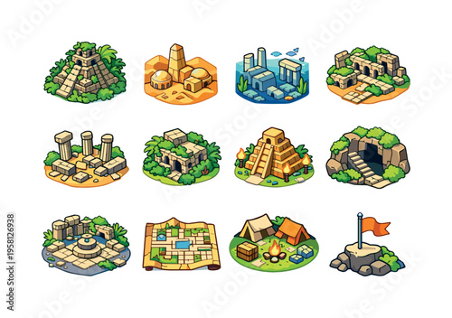 Lost cities. Colorful isometric vector icons set of Lost cities: jungle covered ruins, desert buried city, submerged city ruins, ancient road