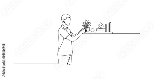Home Personalization Scene. Minimalistic one-line drawing person arranging decor items on a shelf to personalize a living space, continuous single black line