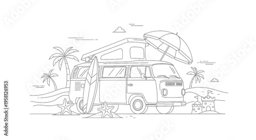 Vector illustration of a surf van with surfboard on beach