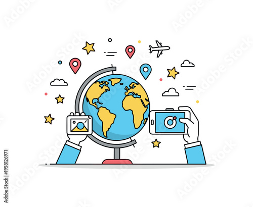 Travel influencer storytelling small globe with a smartphone taking a photo while tiny location pins, stars, and airplane icons create a dynamic sense of