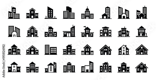 Fotografie Black residential and commercial building icon set featuring houses office tower