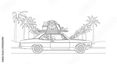 Vector illustration of car with luggage on top and palm trees