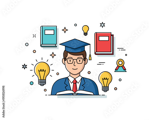 Academic researcher surrounded by simple book and lightbulb icons, representing knowledge, insight, and intellectual discovery. The balanced badge style design