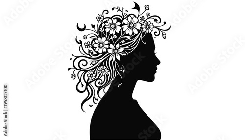 female silhouette profile with flowing floral hair design symbolizing beauty femininity nature and bohemian artistic style