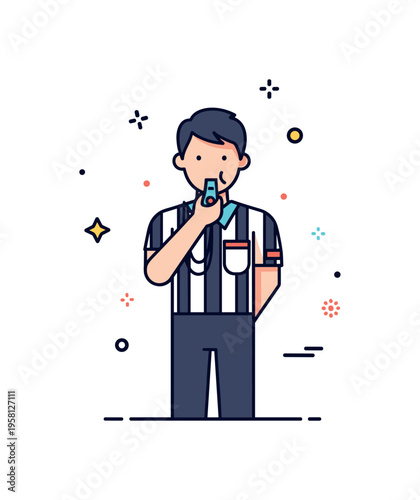 Sports referee with whistle standing confidently in the center while holding a small whistle near the mouth and a simple striped shirt detail. Clear visual