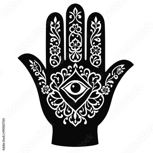 Hamsa Hand with Evil Eye Intricate Floral Design Boho Spiritual Icon. Protective Hamsa Hand Silhouette Sacred Symbol with Eye and Floral Pattern.