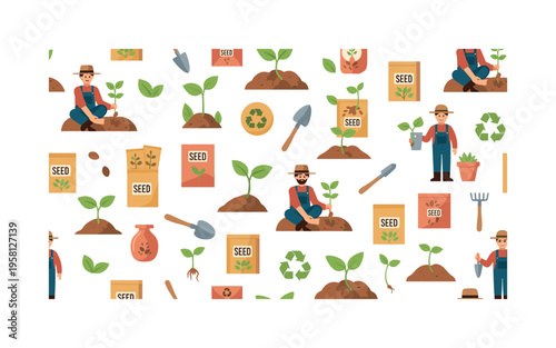 organic seed production seamless pattern, farmers planting seeds, sprouting seedlings, seed packets, small tools and eco icons arranged in a repeating pattern,