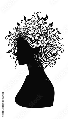 woman silhouette profile with detailed floral hair design representing beauty femininity nature and bohemian artistic style