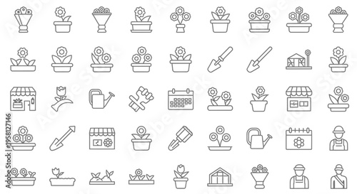 Collection of gardening icons in simple line art style