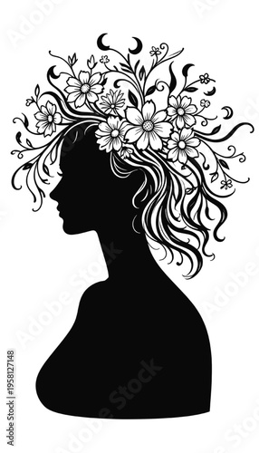 Woman Silhouette with Floral Hair Boho Beauty Profile Illustration. Woman Head Silhouette with Floral Ornament Hair Feminine Beauty Concept.