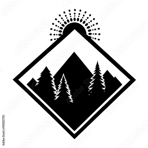 mountain and pine forest silhouette inside geometric badge with rising sun rays representing outdoor adventure nature exploration and wilderness lifestyle