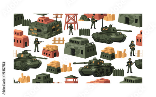 armored base security seamless pattern, fortified military buildings, tanks, sandbags, watchtowers, soldiers and fences arranged in a repeating pattern, white