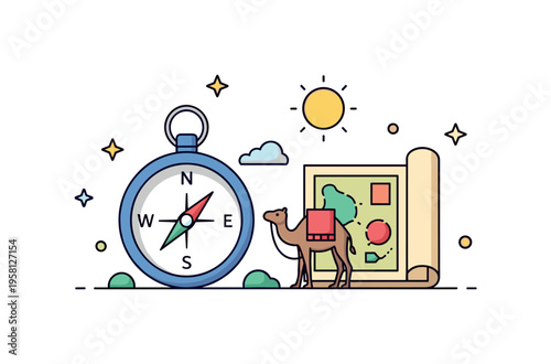 Ancient exploration journey a classic compass and rolled map placed beside a small caravan camel silhouette and desert sun symbolizing adventurous travel