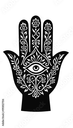 hamsa hand silhouette with evil eye and intricate floral ornament symbolizing protection spirituality luck and boho decorative design