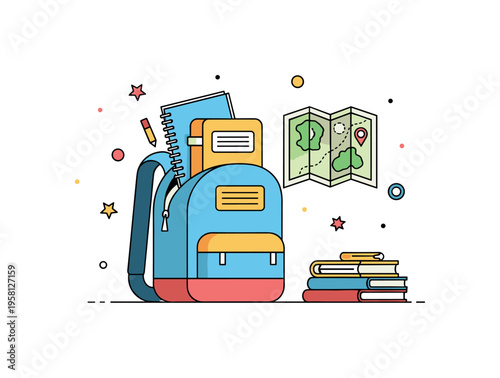 Preparing for a school trip shown through a small backpack being filled with a lunch box, notebook, and folded map. Friendly everyday moment reflecting