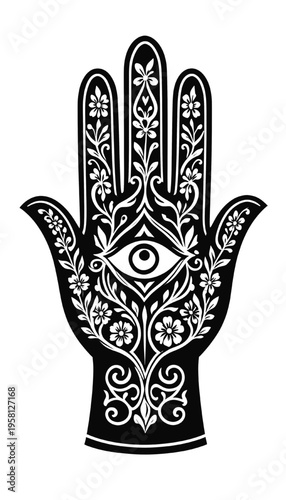 Bohemian Hamsa Hand with Eye Sacred Protection Symbol Ornamental Style. Hamsa Hand with Evil Eye Intricate Floral Pattern Spiritual Protection Symbol.