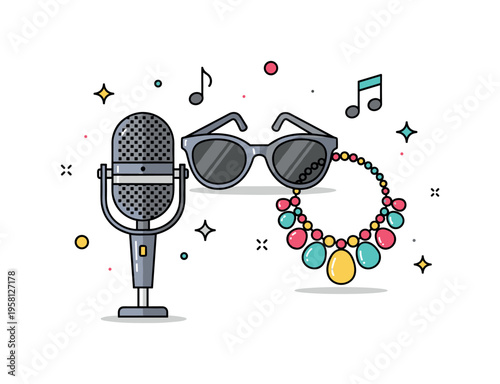 Pop star fashion moment microphone placed beside glamorous sunglasses and a bold necklace while sparkles and music notes hint at stage presence and expressive