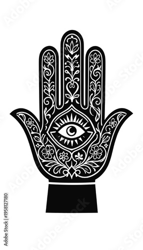 hamsa hand silhouette with evil eye and detailed floral ornament representing protection spirituality luck and bohemian decorative art