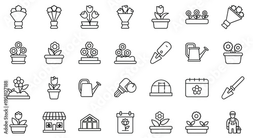 Collection of simple line art icons representing flowers gardening and tools