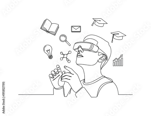 Digital Learning with AR. Minimalistic one-line drawing student using augmented reality glasses interacting with floating study symbols, continuous single