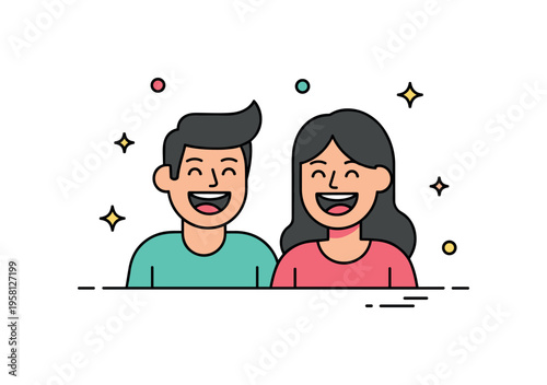 Friendly humor moment two friends sharing a joke with wide smiles and relaxed posture, tiny decorative stars reinforcing the upbeat atmosphere. Minimalist flat