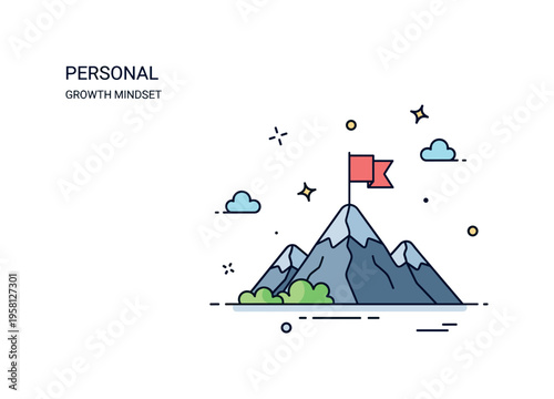 Personal growth mindset symbolized by a small mountain with a flag planted slightly below the peak, indicating that success includes setbacks along the climb.