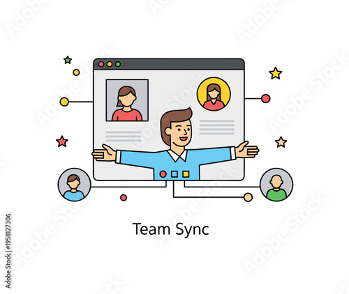 Remote leadership communication showing open arm gestures and attentive facial direction within a virtual meeting window. Simple participant icons, light