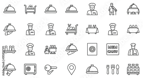 Restaurant service icons chefs food covers carts and dining elements