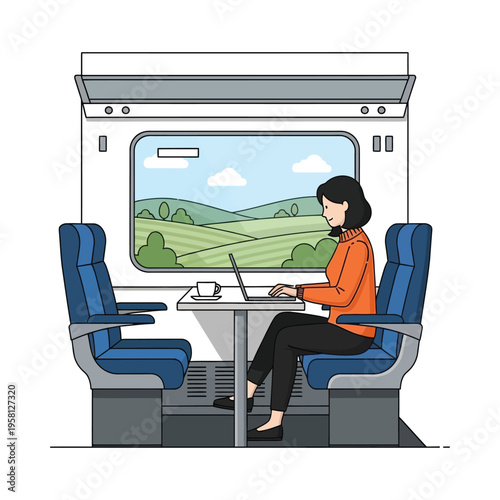 A person working on a laptop during a scenic train journey