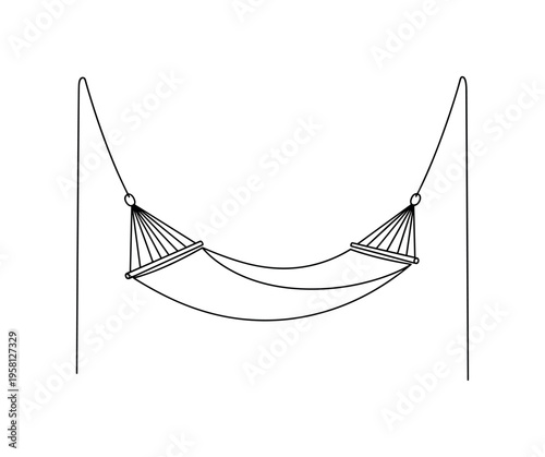 Backyard Hammock. Minimalistic one-line drawing simple hammock suspended between supports with elegant curved fabric line, continuous single black line on
